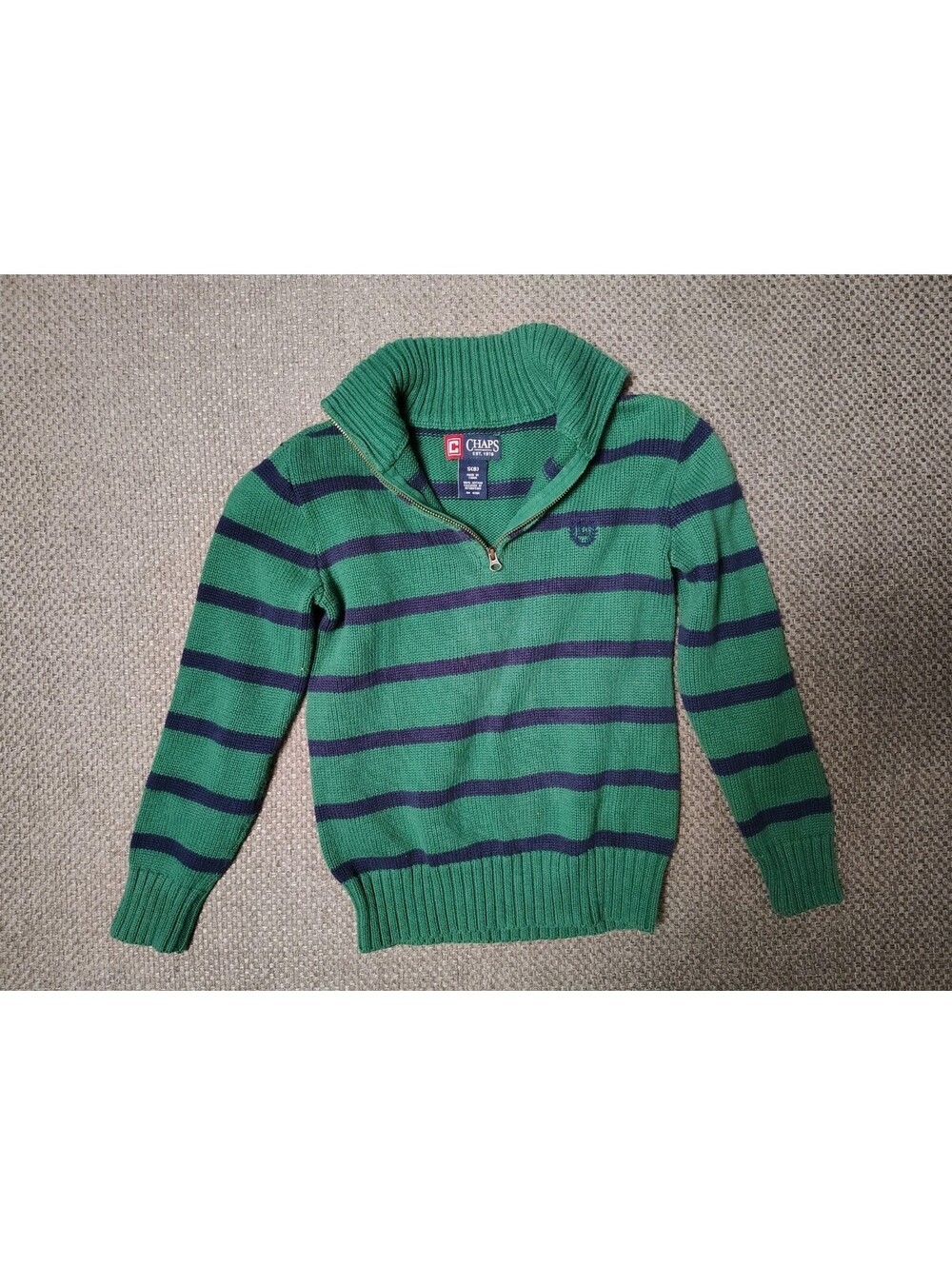 Chaps Boys 1/4 Zip Pullover Sweater Green Navy Blue Striped Knit Size Small 8